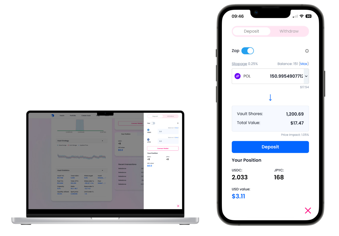Deposit and withdraw on desktop and mobile